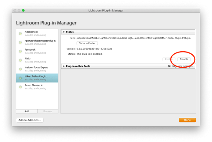 Lightroom plug-in manager dialog